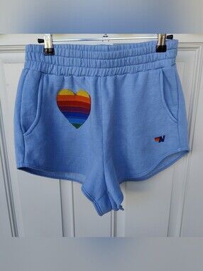 Aviator Nation Light Blue Shorts with Rainbow Heart Patch
